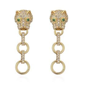 Anthropologie Gold Panther Earrings with Green Accents
